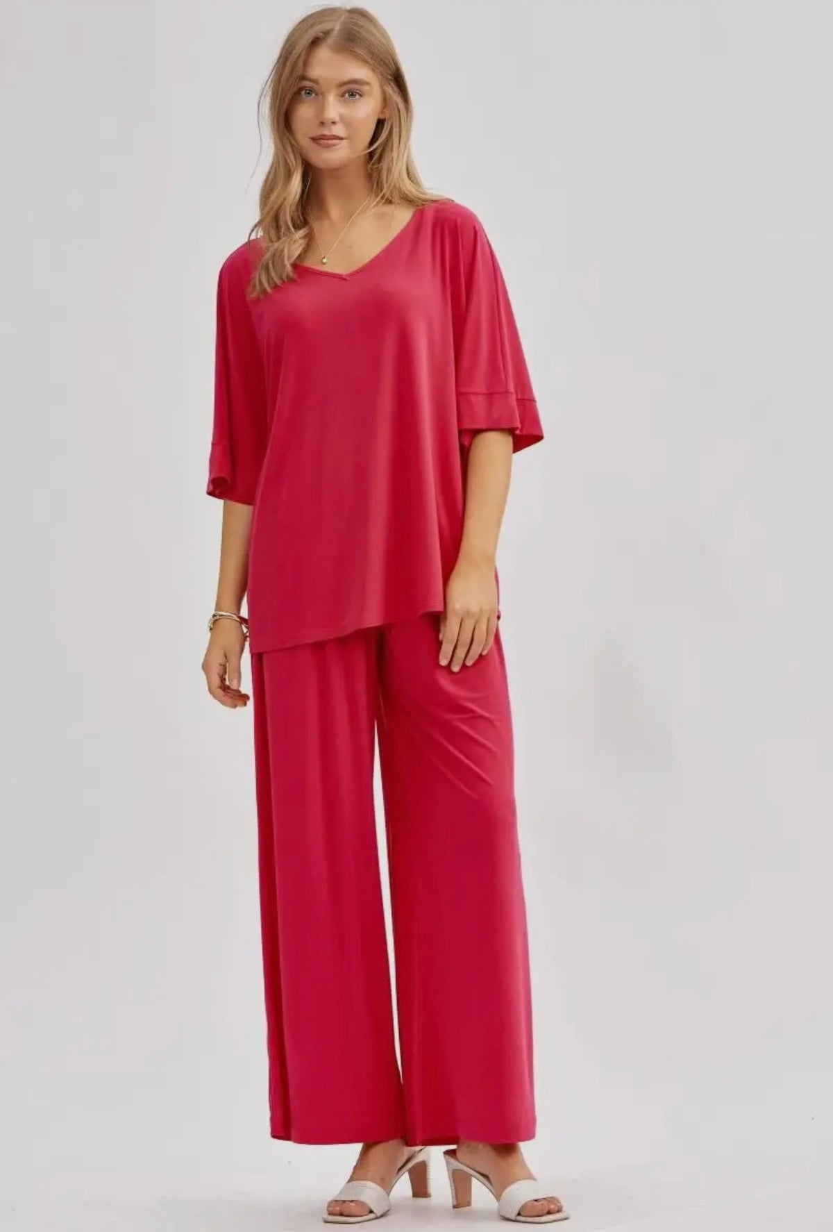 Dear Scarlett V-Neck Flowy Set in Hot Pink