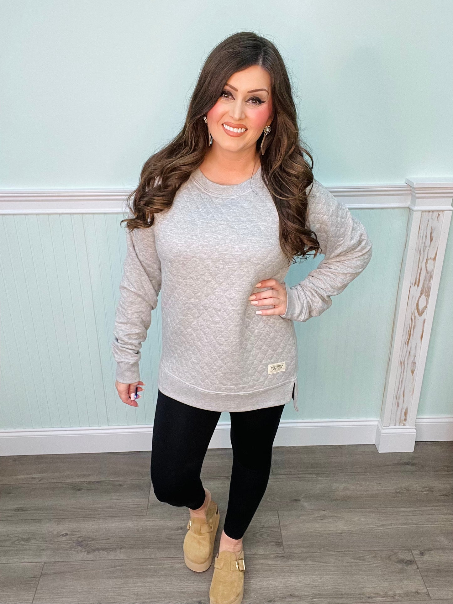Southern Couture Quilted Side-split Hem Sweatshirt in Grey