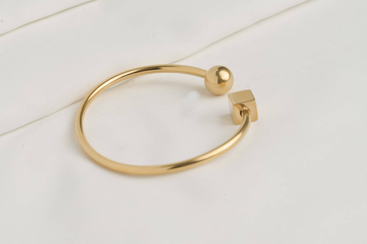 Cube and Ball Gold Cuff Bracelet - Waterproof Bold Cuffs -