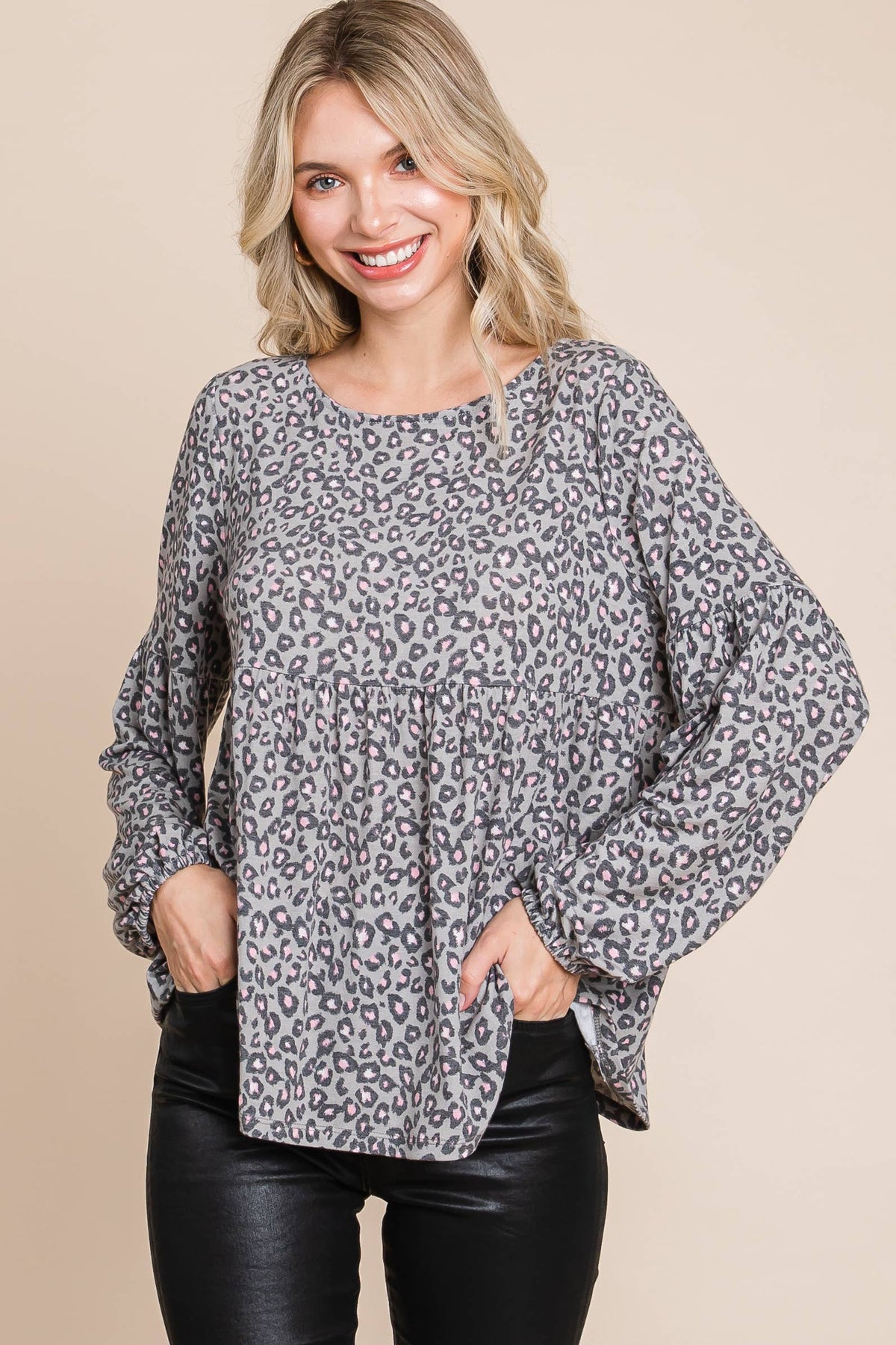 Raya Animal Printed Babydoll Top in Grey
