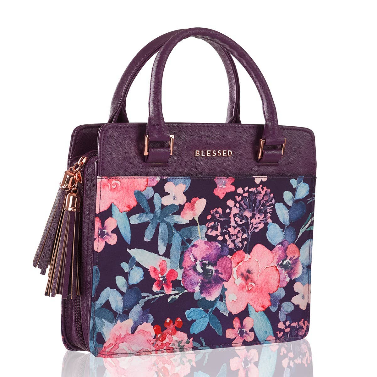 Blessed Purple Floral Faux Leather Purse-style Bible Cover: Large