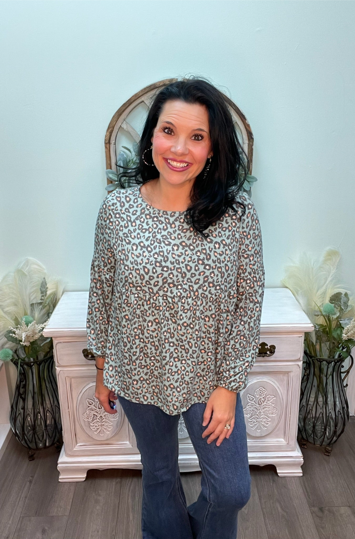 Raya Animal Printed Babydoll Top in Jade