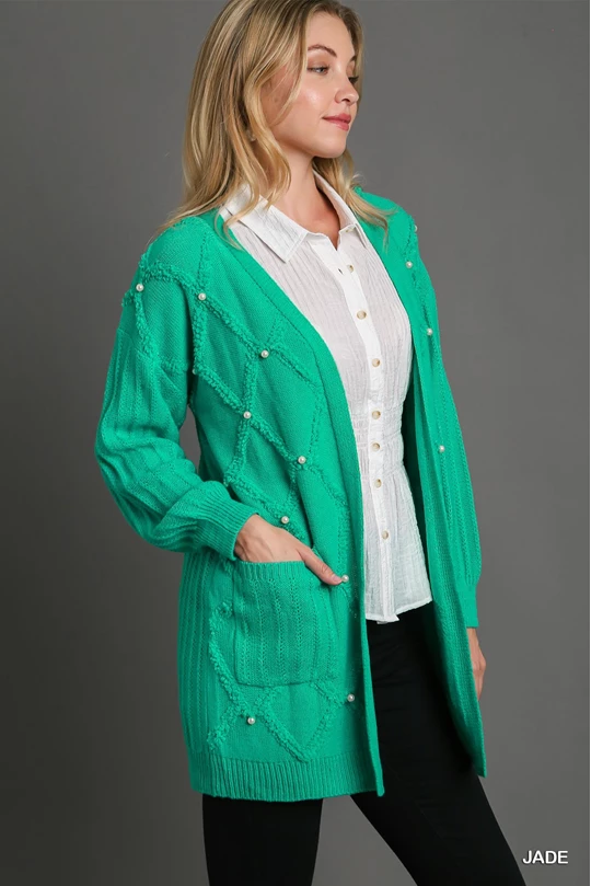 Grea Pearl Detail Cardigan in Green
