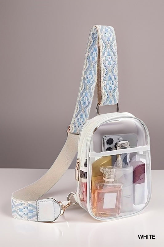 Clear CrossbodyBag with Guitar Strap in White/Blue