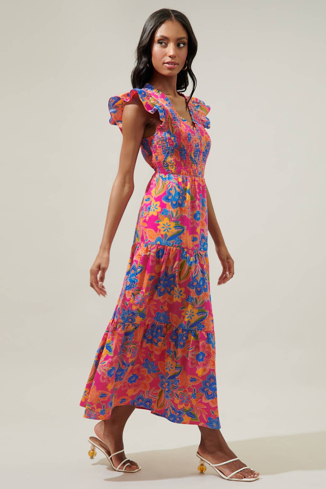 Ranchero Floral Sunfire Smocked Bodice Tiered Midi Dress