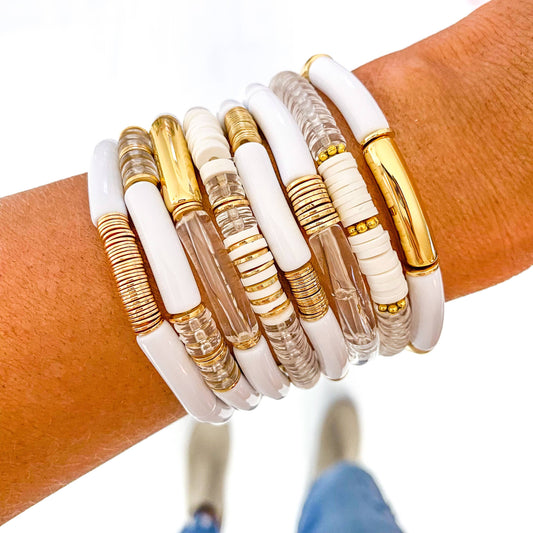Small White Acrylic Tube Bamboo Bracelet