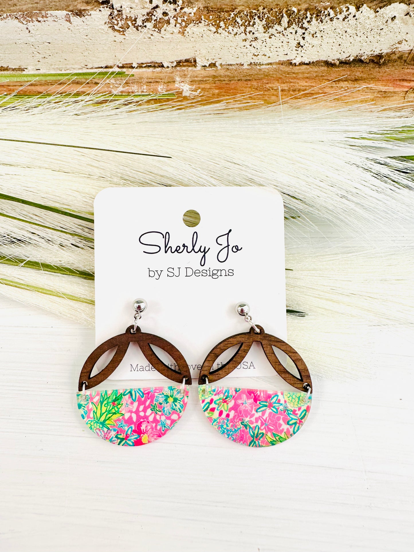 Wood & Floral Circle Dangles by Sherly Jo Designs